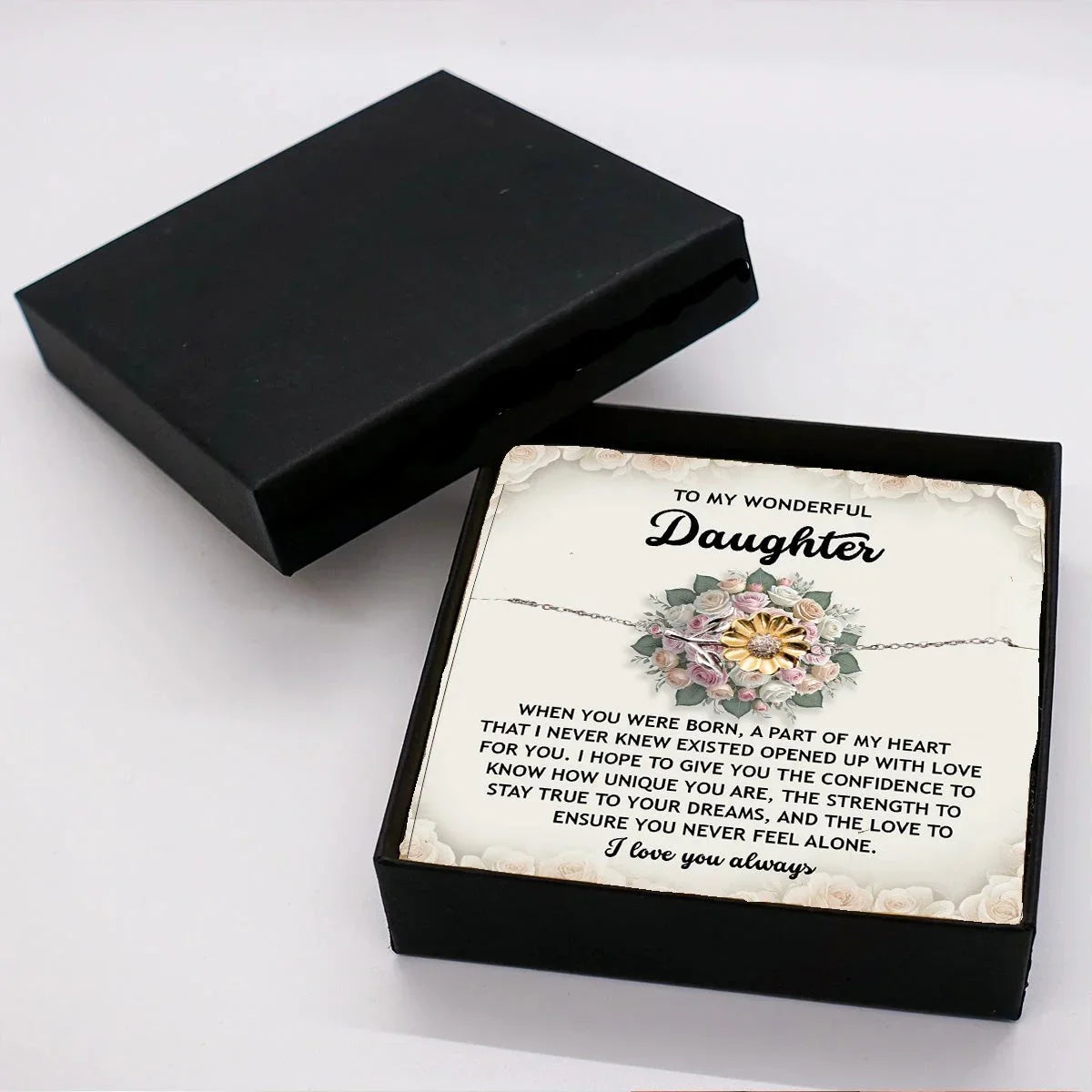 Daughter Sunflower Bracelet – Sentimental Jewelry for Birthday, Graduation, Christmas Gift from Parent – Includes Heartfelt Message Card - Never Feel Alone