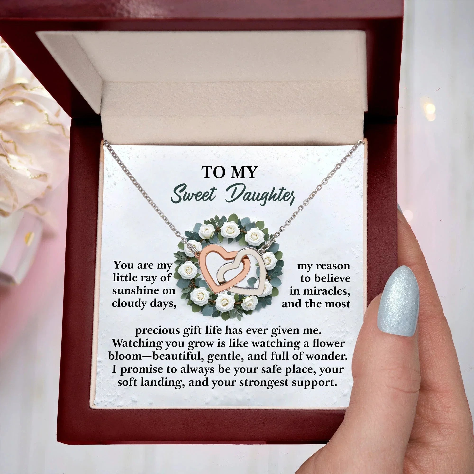To My Sweet Daughter - A Sentimental Gift of Love & Encouragement - Interlocking Hearts Necklace