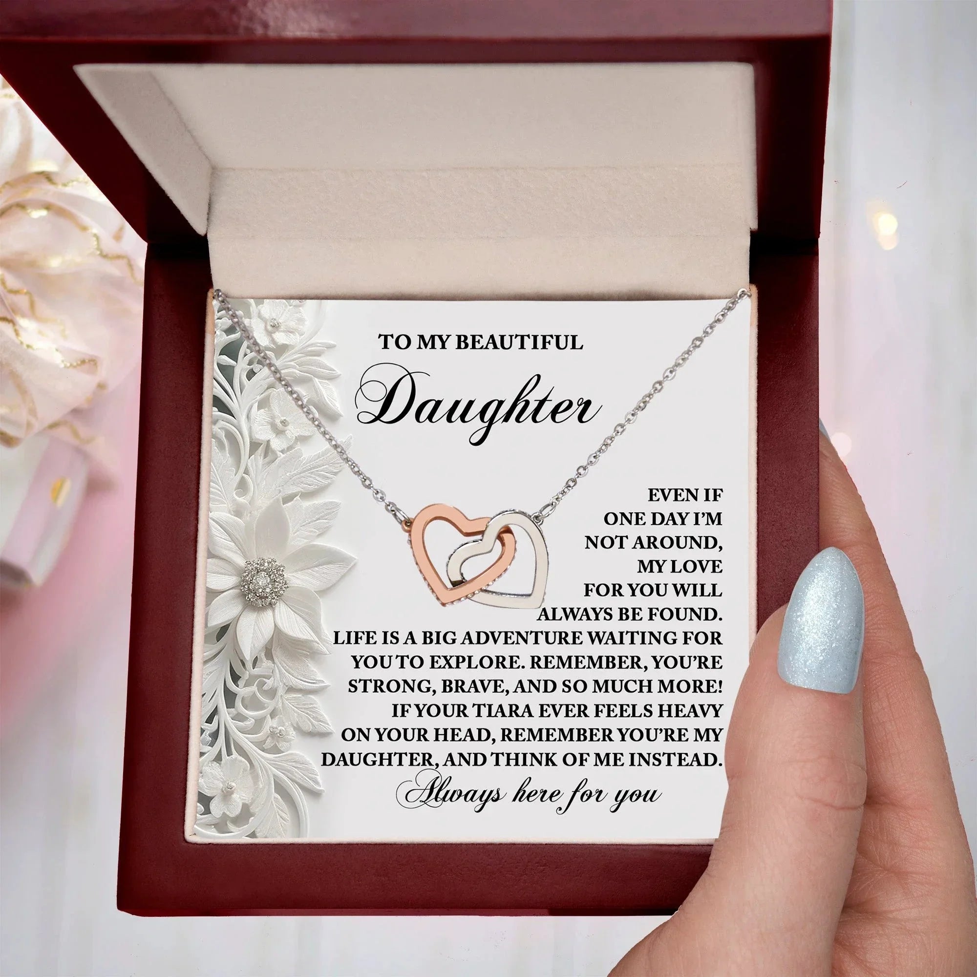 To My Beautiful Daughter - Inspirational Gift for Life's Adventures - Interlocking Hearts Necklace