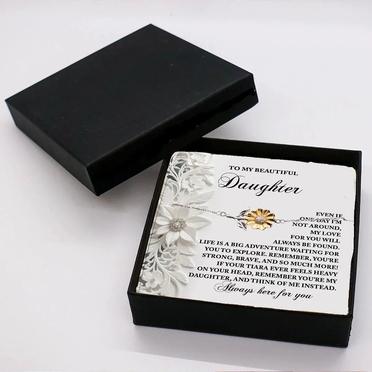 Daughter Sunflower Bracelet Sterling Silver with 18K Gold-Plated Petals – Sentimental Birthday Graduation Christmas Jewelry Gift from Parent – Life is a Big Adventure - Heartfelt Message Card