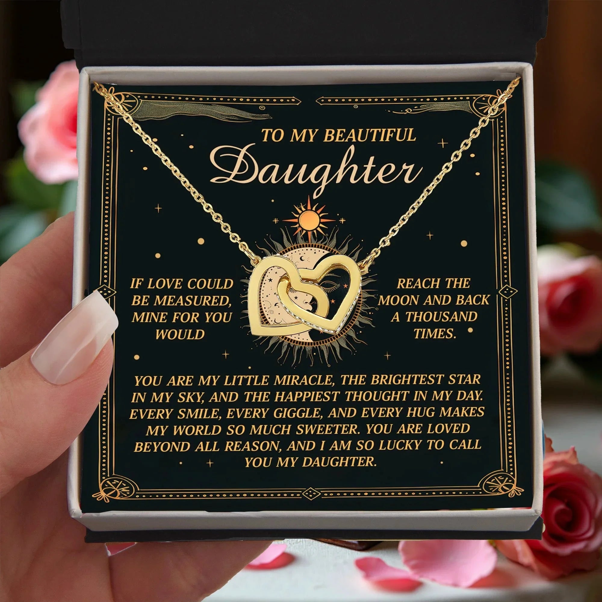To My Beautiful Daughter – A Gift as Infinite as the Stars & Moon - Interlocking Hearts Necklace