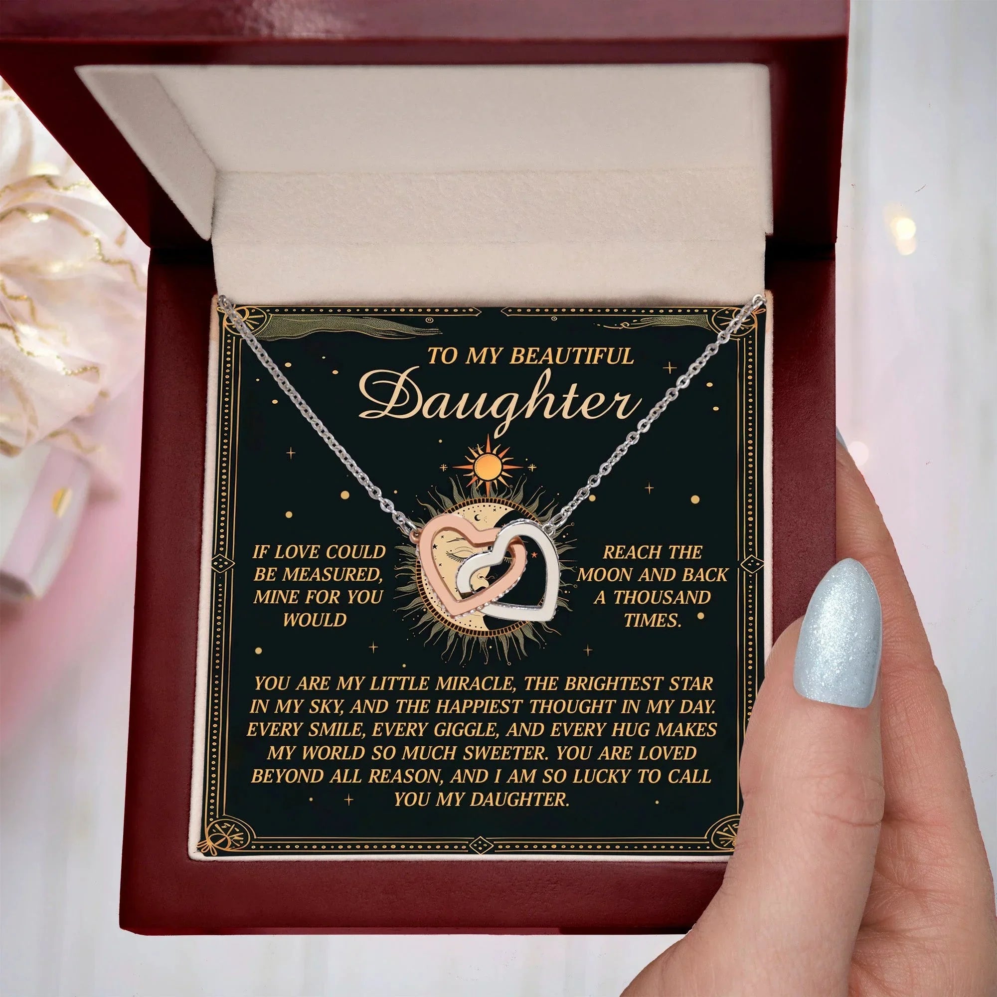 To My Beautiful Daughter – A Gift as Infinite as the Stars & Moon - Interlocking Hearts Necklace