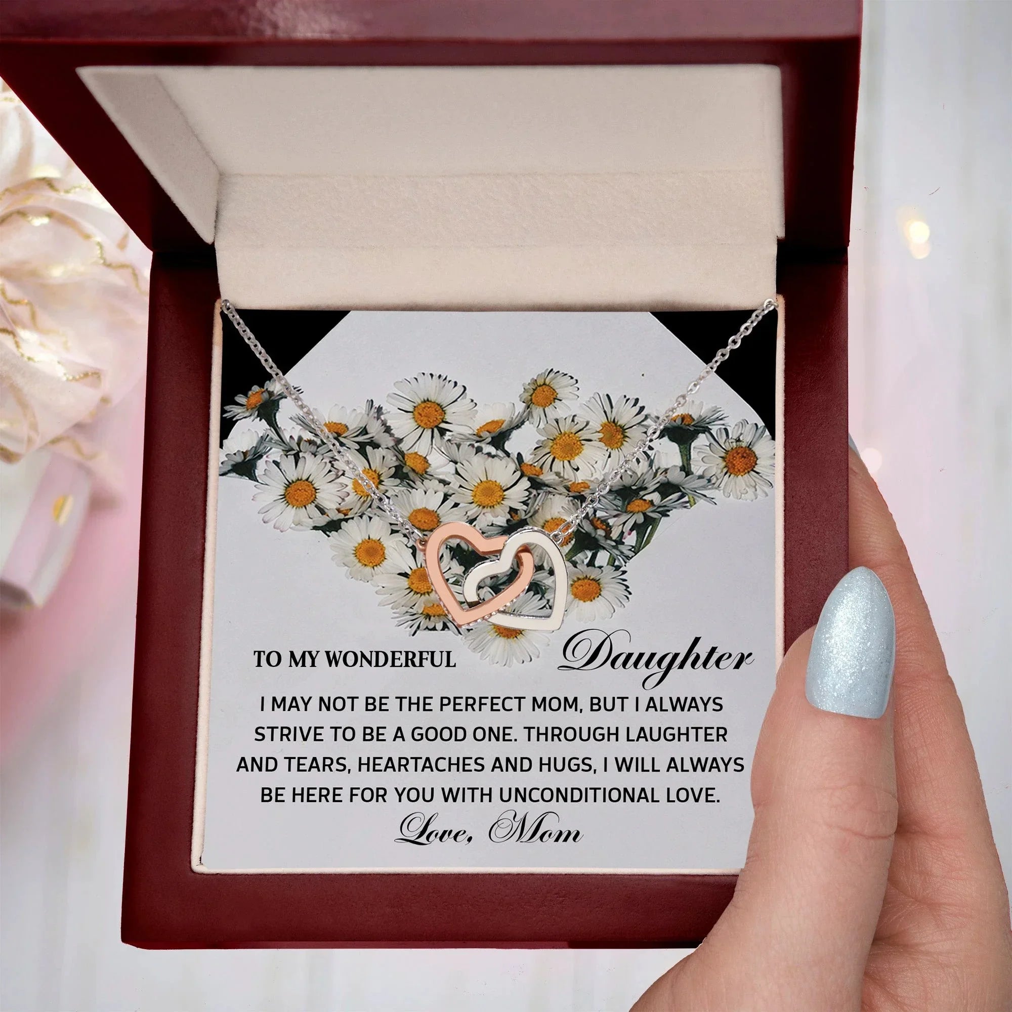 To My Wonderful Daughter - Unconditional Love from Mom - Interlocking Hearts Necklace
