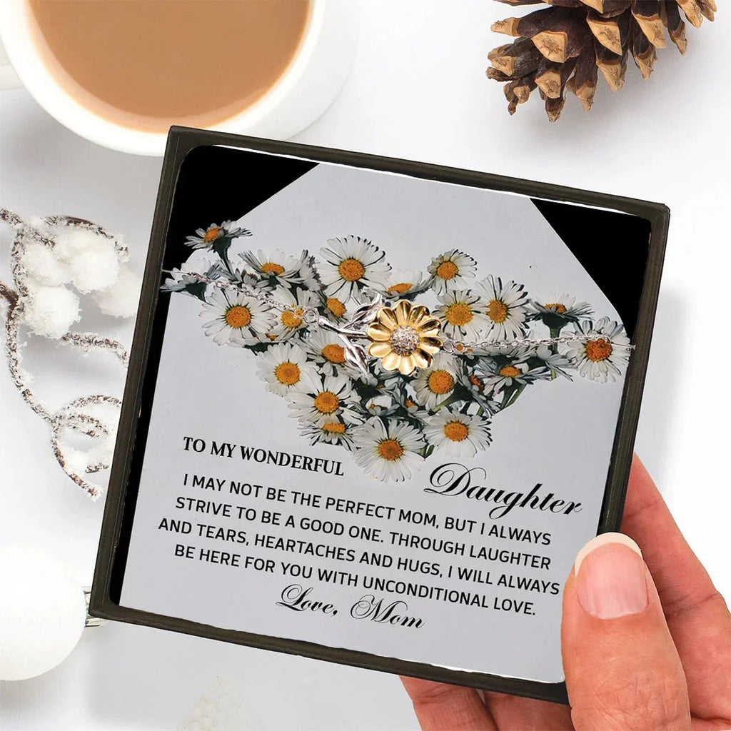 Daughter Sunflower Bracelet Sterling Silver with 18K Gold-Plated Petals – Sentimental Birthday Graduation Christmas Jewelry Gift from Mom Unconditional Love Heartfelt Message Card