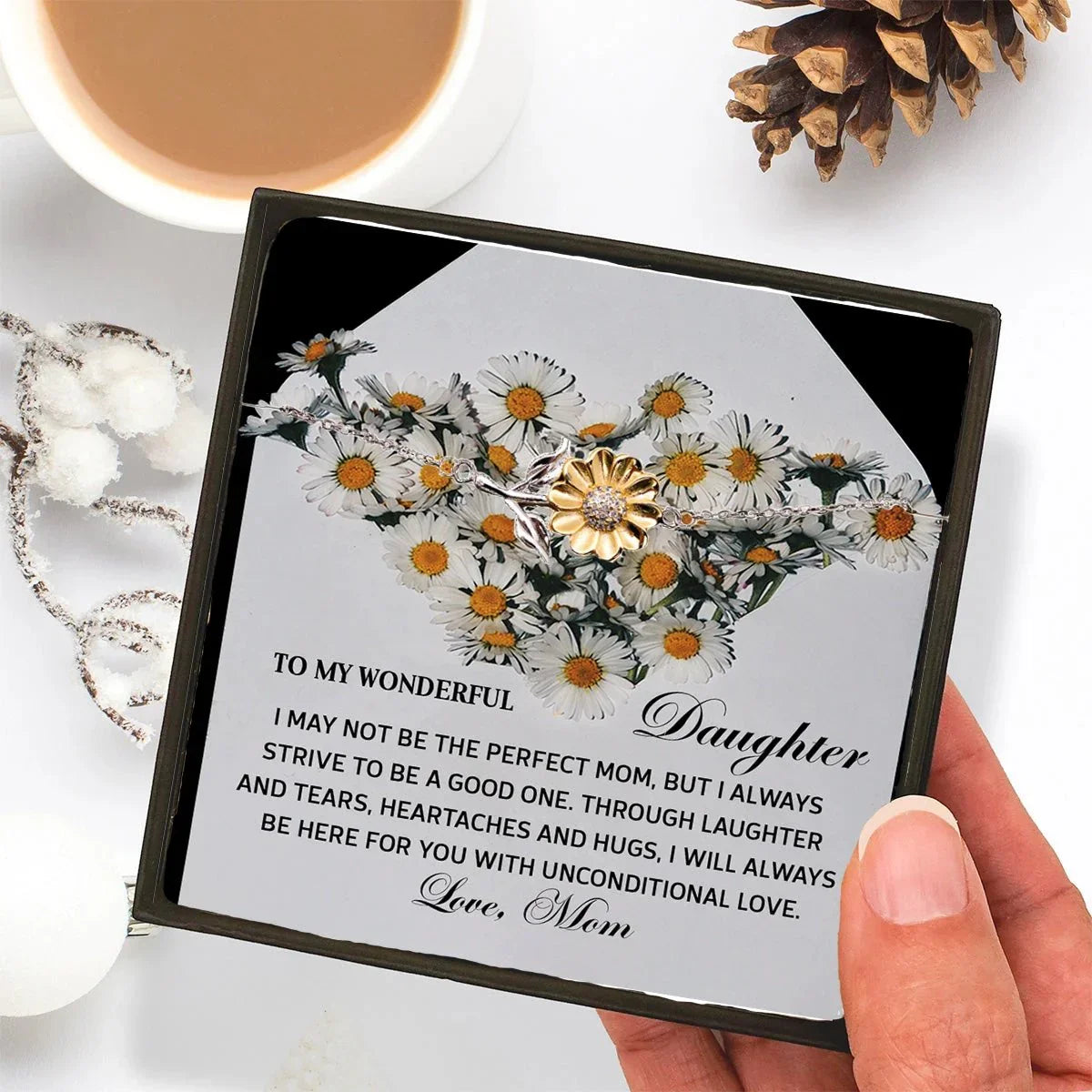 Daughter Sunflower Bracelet Sterling Silver with 18K Gold-Plated Petals – Sentimental Birthday Graduation Christmas Jewelry Gift from Mom Unconditional Love Heartfelt Message Card