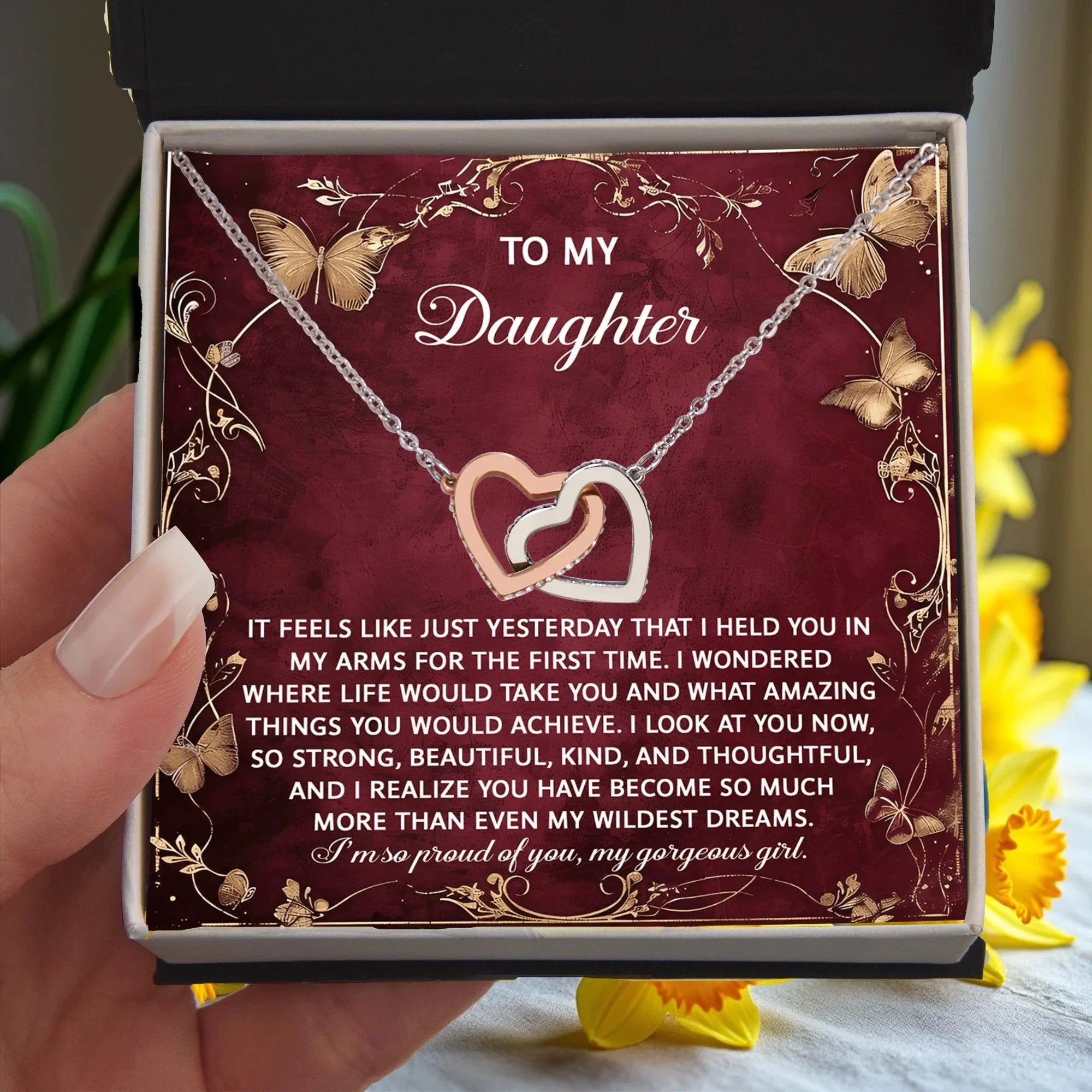 To My Daughter - Heartfelt Gift of Love & Pride - Interlocking Hearts Necklace