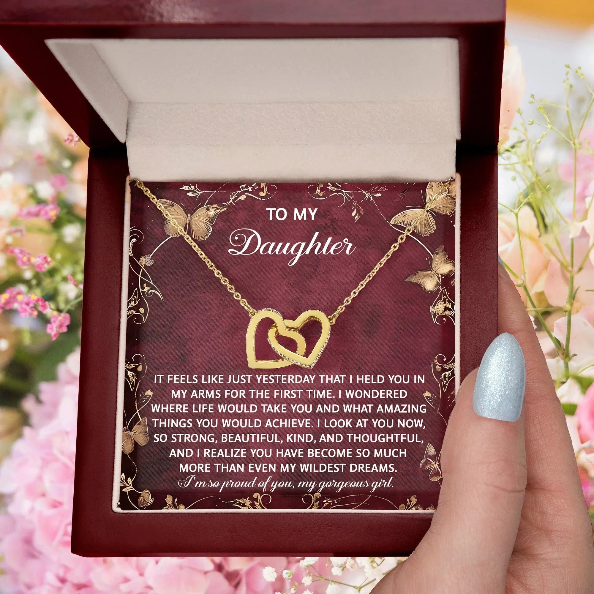 To My Daughter - Heartfelt Gift of Love & Pride - Interlocking Hearts Necklace