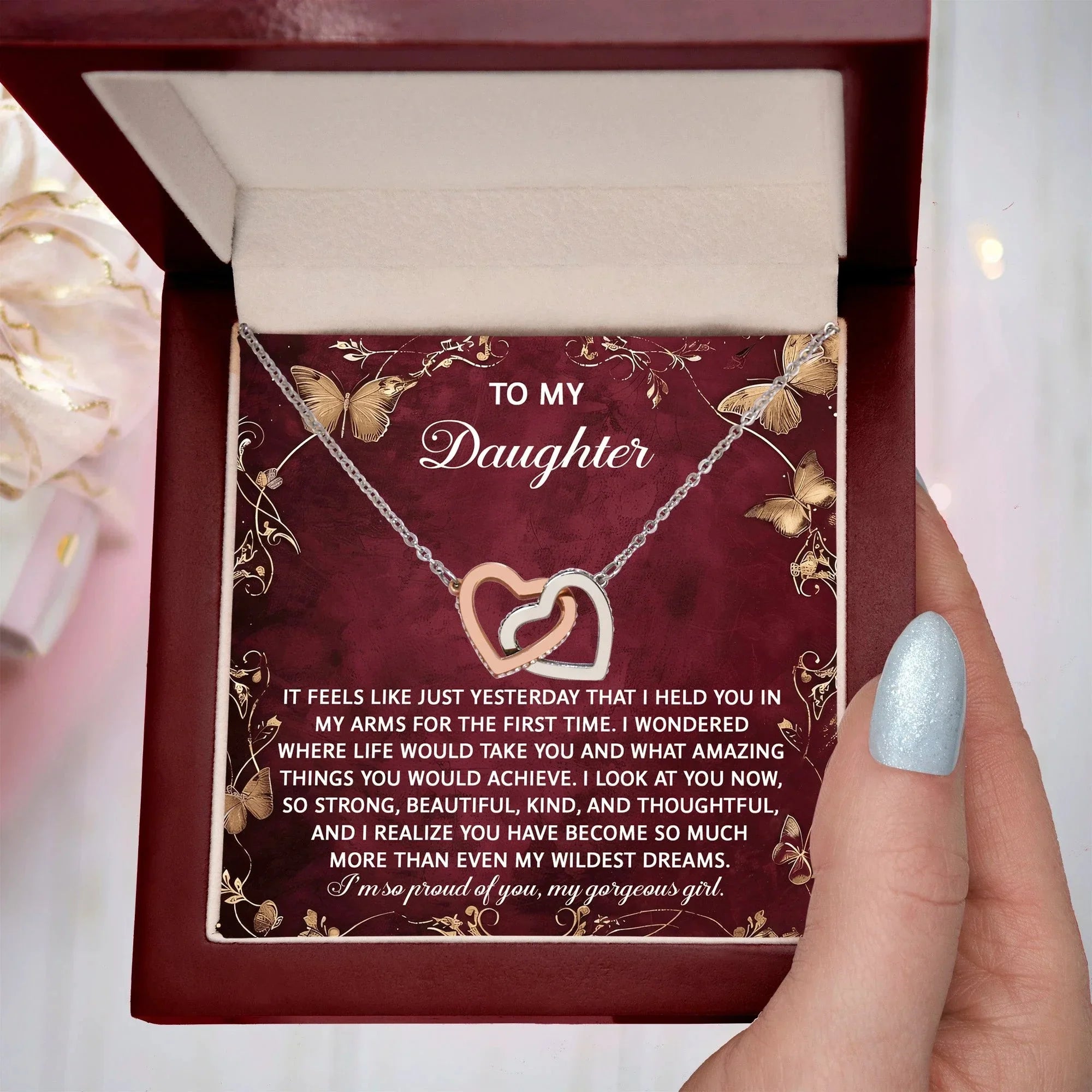 To My Daughter - Heartfelt Gift of Love & Pride - Interlocking Hearts Necklace