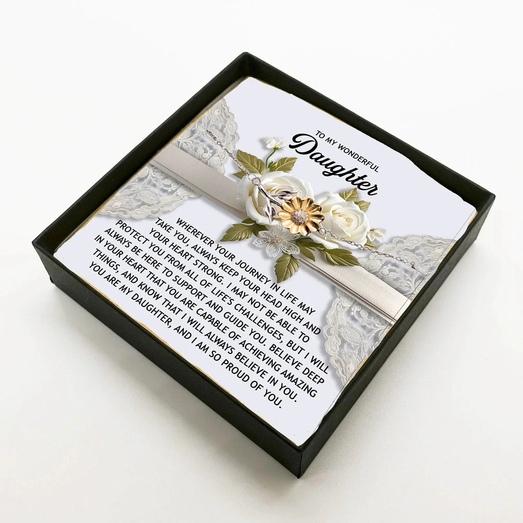 Daughter Sunflower Bracelet Sterling Silver with 18K Gold-Plated Petals – Inspirational Birthday Graduation Christmas Gift from Parent –Proud of You Heartfelt Message Card
