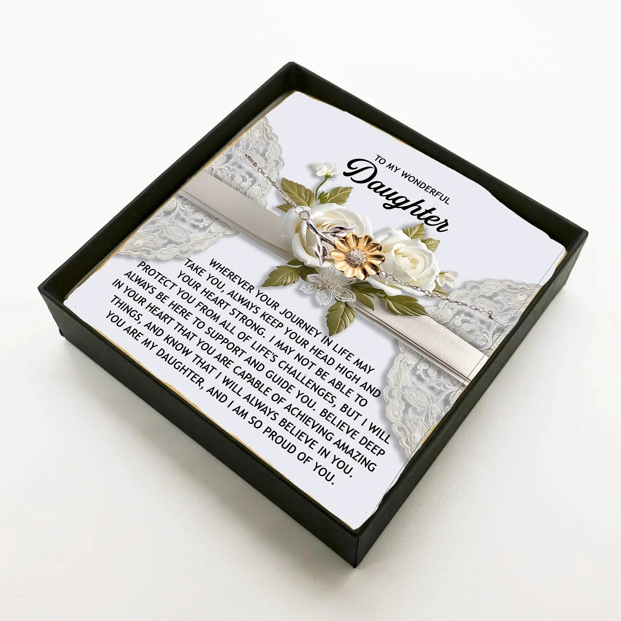 Daughter Sunflower Bracelet Sterling Silver with 18K Gold-Plated Petals – Inspirational Birthday Graduation Christmas Gift from Parent –Proud of You Heartfelt Message Card