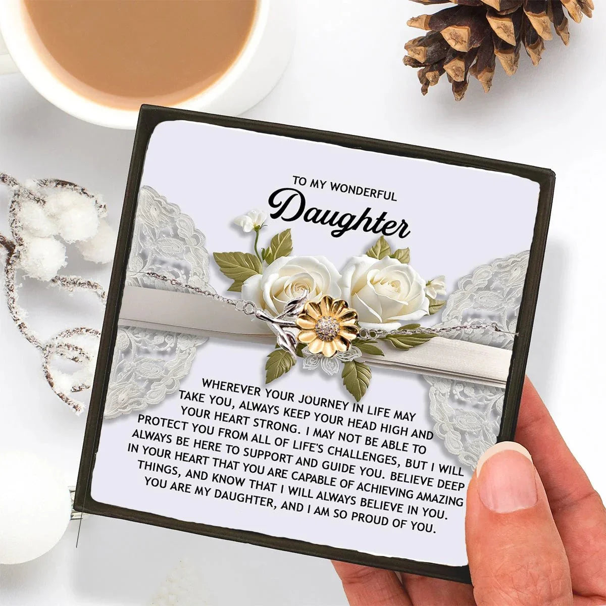 Daughter Sunflower Bracelet Sterling Silver with 18K Gold-Plated Petals – Inspirational Birthday Graduation Christmas Gift from Parent –Proud of You Heartfelt Message Card