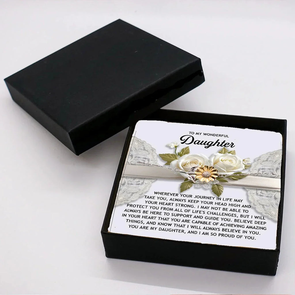 Daughter Sunflower Bracelet Sterling Silver with 18K Gold-Plated Petals – Inspirational Birthday Graduation Christmas Gift from Parent –Proud of You Heartfelt Message Card