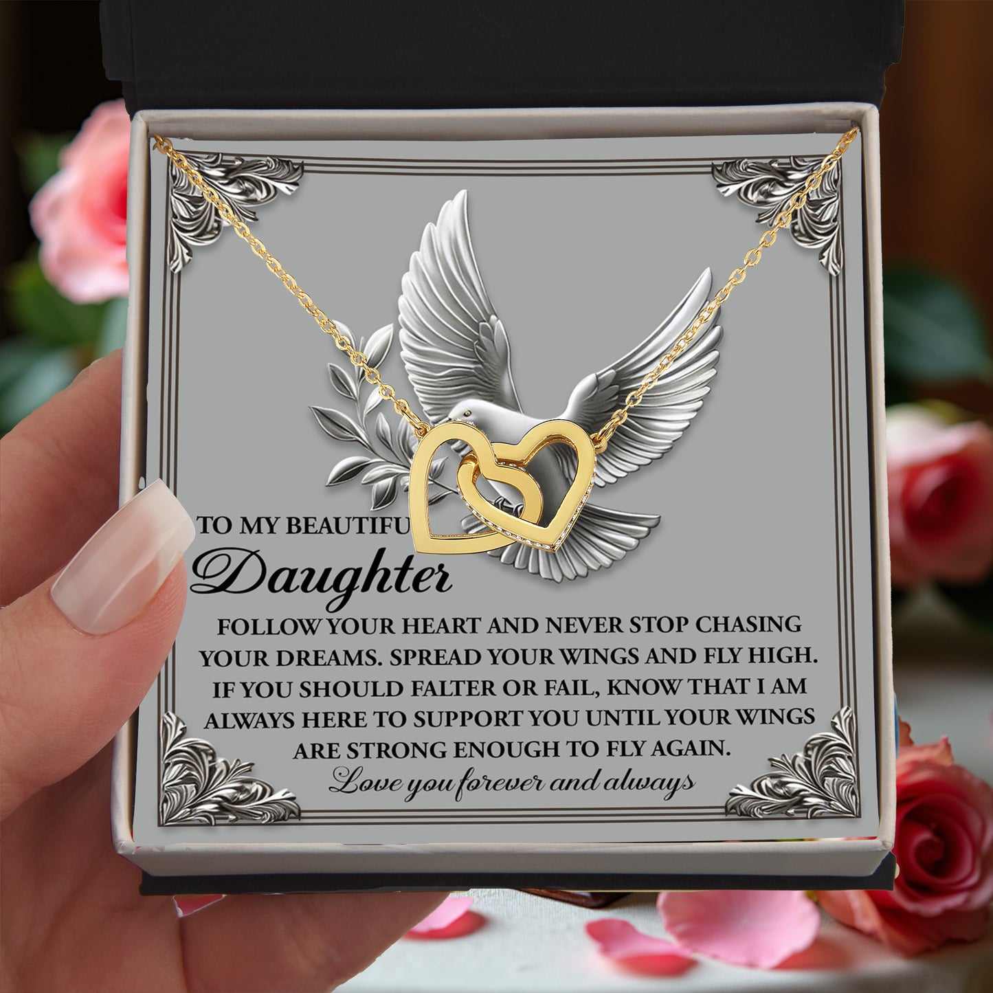 To My Beautiful Daughter - Spread Your Wings & Fly High - Interlocking Hearts Necklace - Mallard Moon Gift Shop