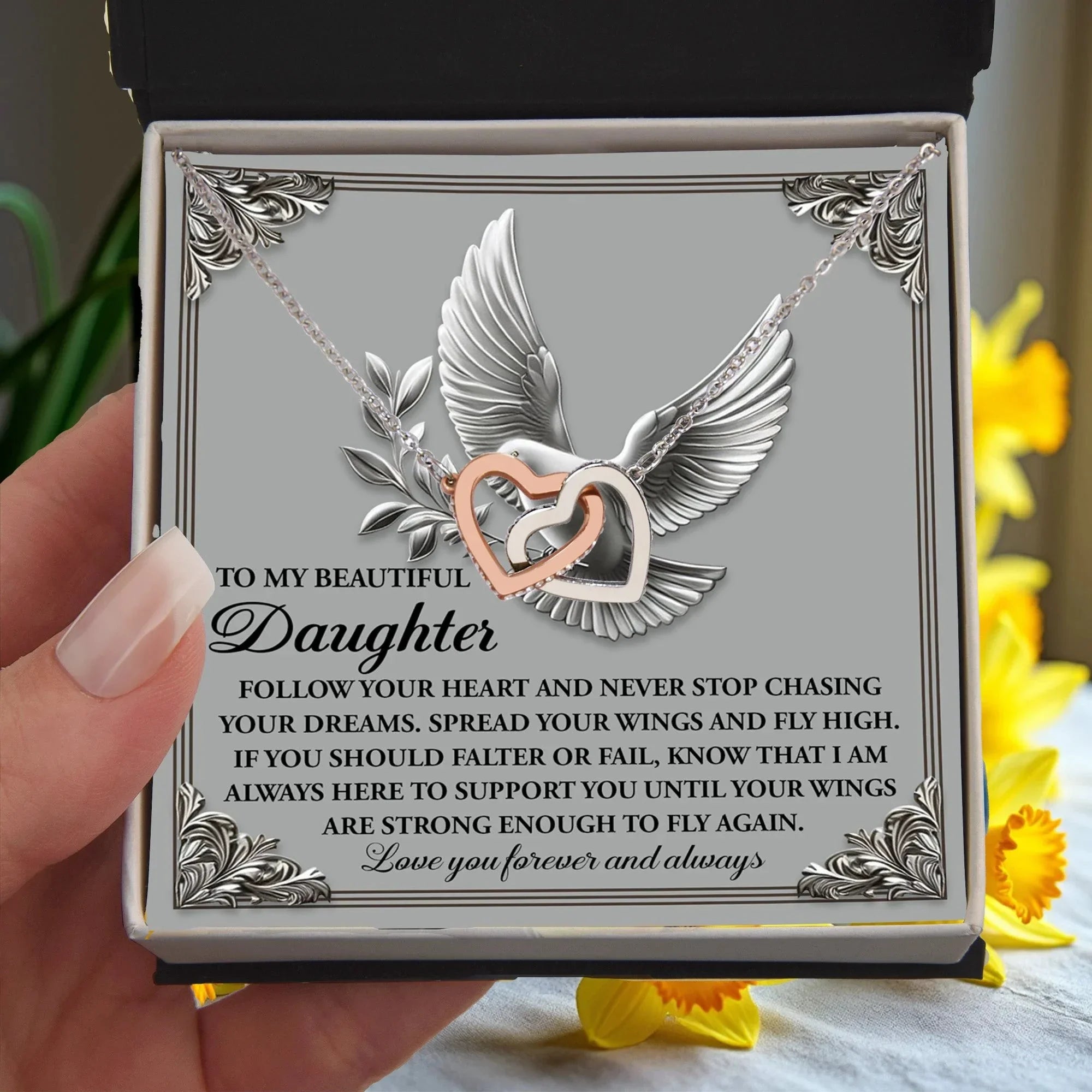 To My Beautiful Daughter - Spread Your Wings & Fly High - Interlocking Hearts Necklace