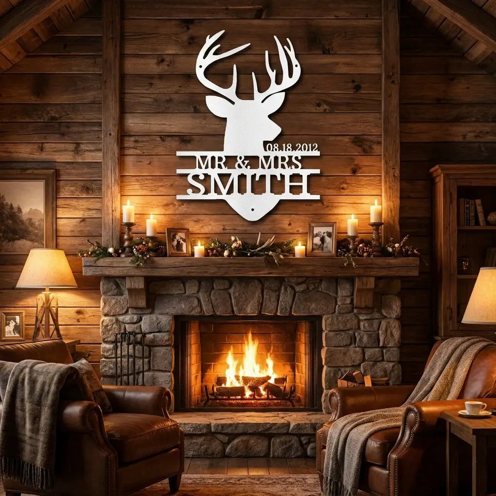 Personalized Deer Head Metal Sign, Mr & Mrs Name Sign, Wedding Gift, Anniversary Gift 25th 50th, Custom Last Name Wall Decor, Rustic Lodge Decor