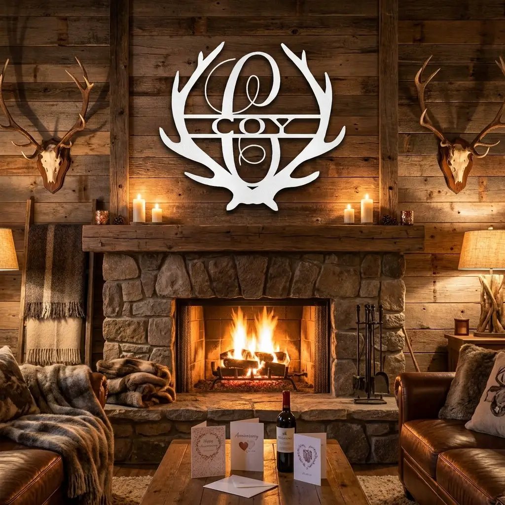 Personalized Deer Antler Family Name Metal Sign – Rustic Last Name Monogram Wall Art – Cabin Lodge Decor Gift