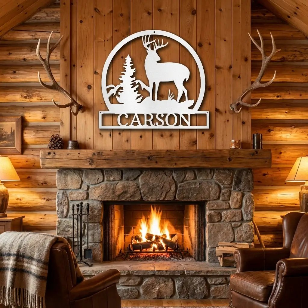 Personalized Deer Scene Metal Sign – Custom Last Name Wall Art – Rustic Cabin Forest Decor Gift