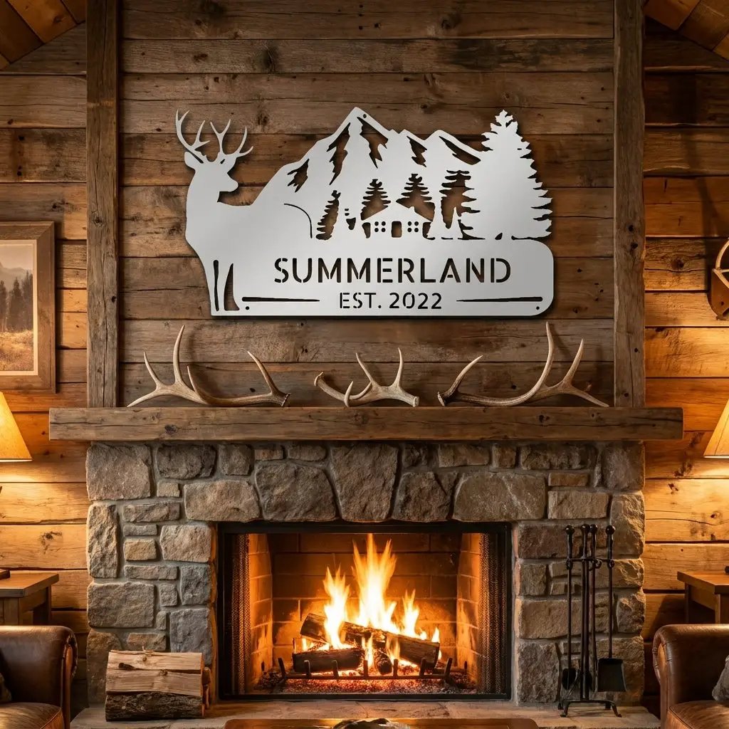 Personalized Deer Mountain Cabin Metal Sign – Custom Family Name Wilderness Wall Art – Rustic Lodge Decor with Trees & Mountains