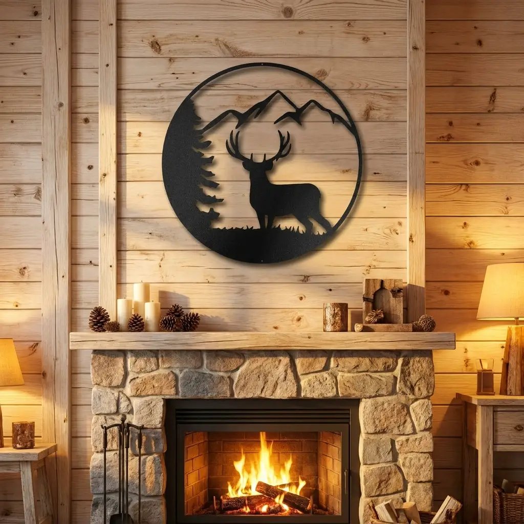 Deer Mountain Metal Wall Art – Rustic Wildlife Circle Sign – Forest & Cabin Lodge Decor – Stag Silhouette Steel Wall Hanging