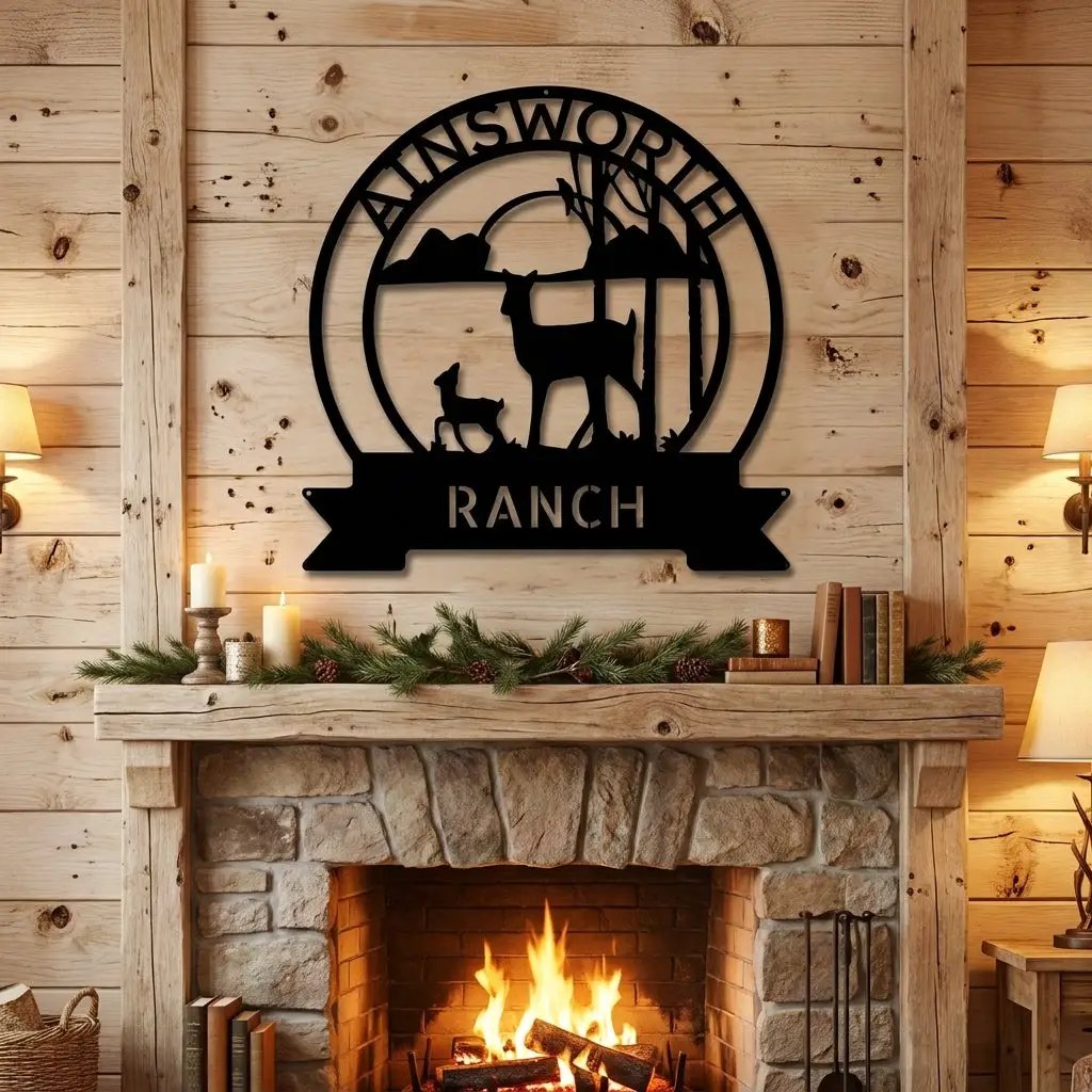 Personalized Deer Ranch Metal Sign – Doe & Fawn Sunset Wall Art – Custom Family Name & Ranch Name Sign – Rustic Farmhouse Lodge Decor