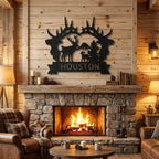 Personalized Elk Metal Wall Art – Custom Family Name Wildlife Crest Sign – Rustic Lodge Antler Wall Decor