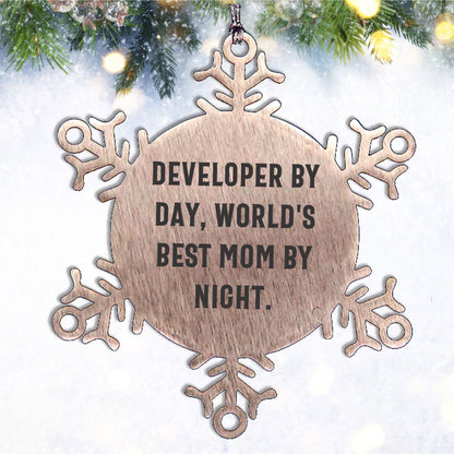 Developer Gifts, 'Developer By Day, World's Best Mom By Night.' Snowflake Ornament for Christmas - Gifts from Mom to Developer