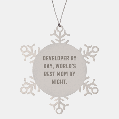 Developer Gifts, 'Developer By Day, World's Best Mom By Night.' Snowflake Ornament for Christmas - Gifts from Mom to Developer