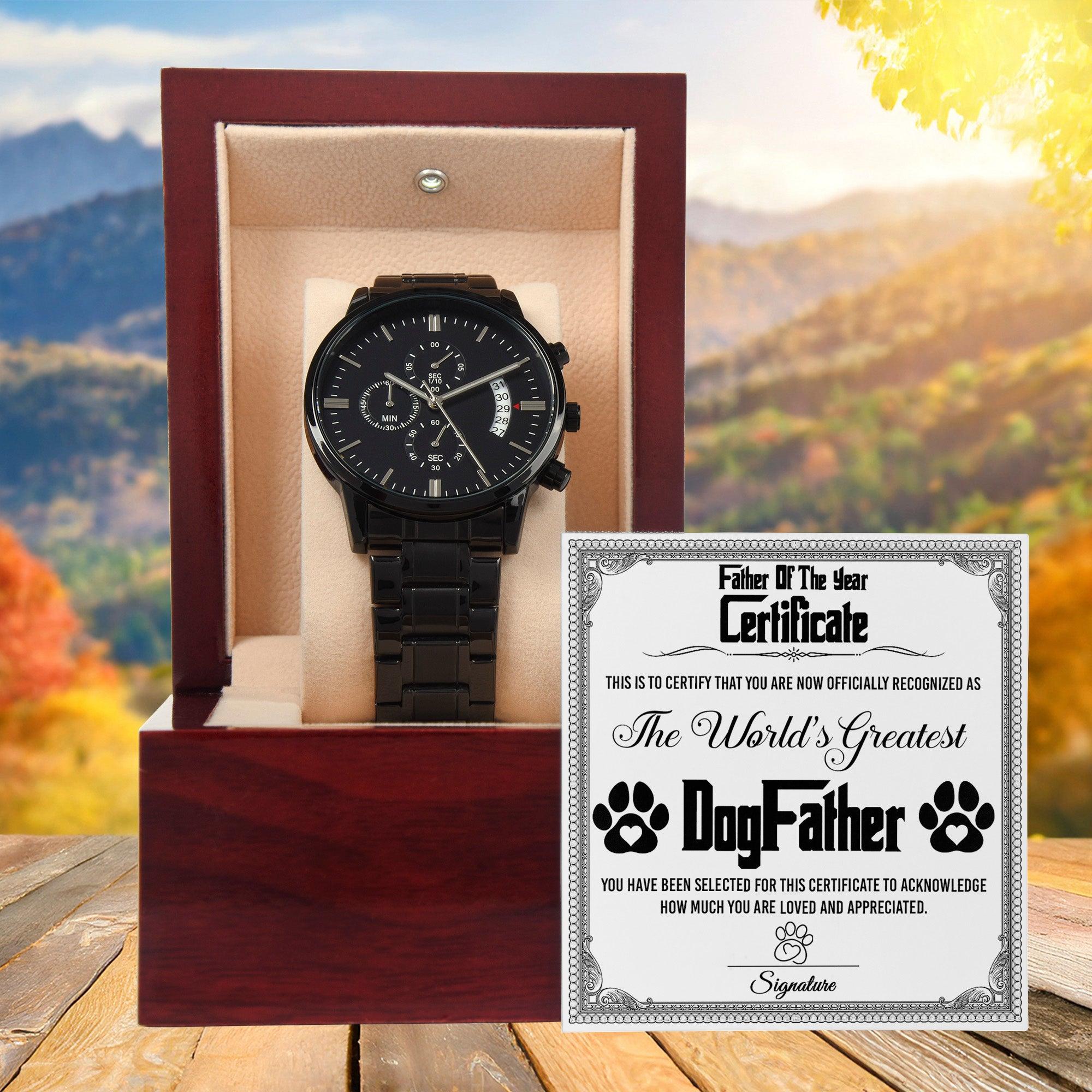 Father of the Year Certificate for the World's Greatest Dog Father Black Chronograph Watch - Mallard Moon Gift Shop