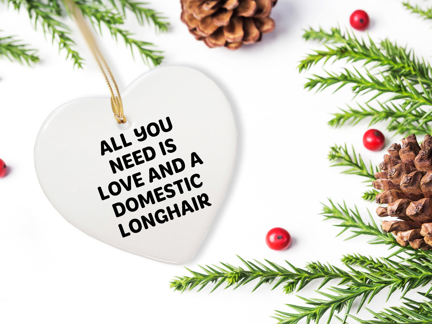 Domestic Longhair Cat Gifts from Friends, Heart Ornament with 'All You Need Is Love And A Domestic Longhair' Quote, Christmas Unique Gifts for Family