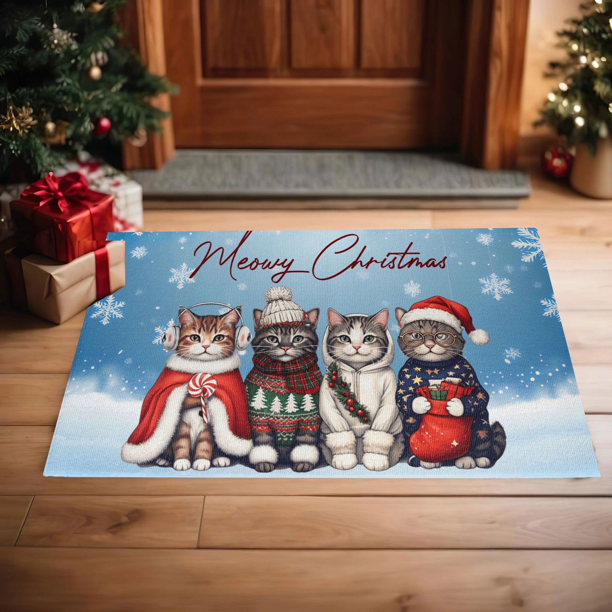 Meowy Christmas Doormat – Full Color Cat Holiday Welcome Mat Gift