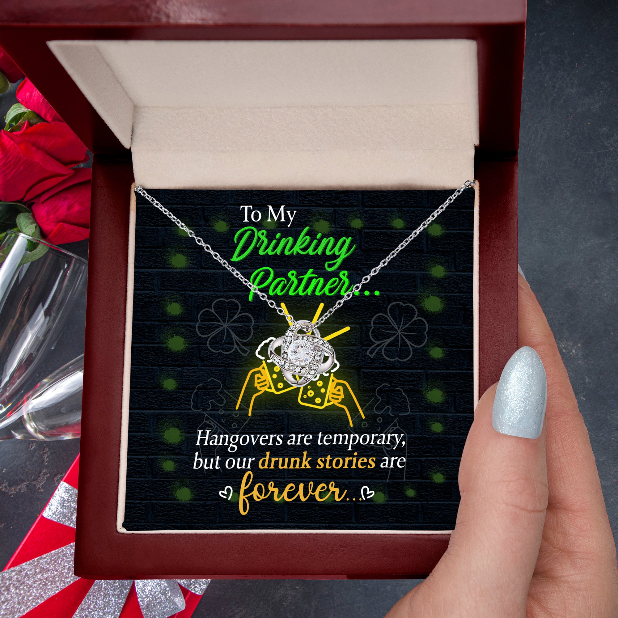 To My Drinking Partner– St. Patrick's Day Love Knot Necklace for a Friend Who Knows All the Stories! - Mallard Moon Gift Shop