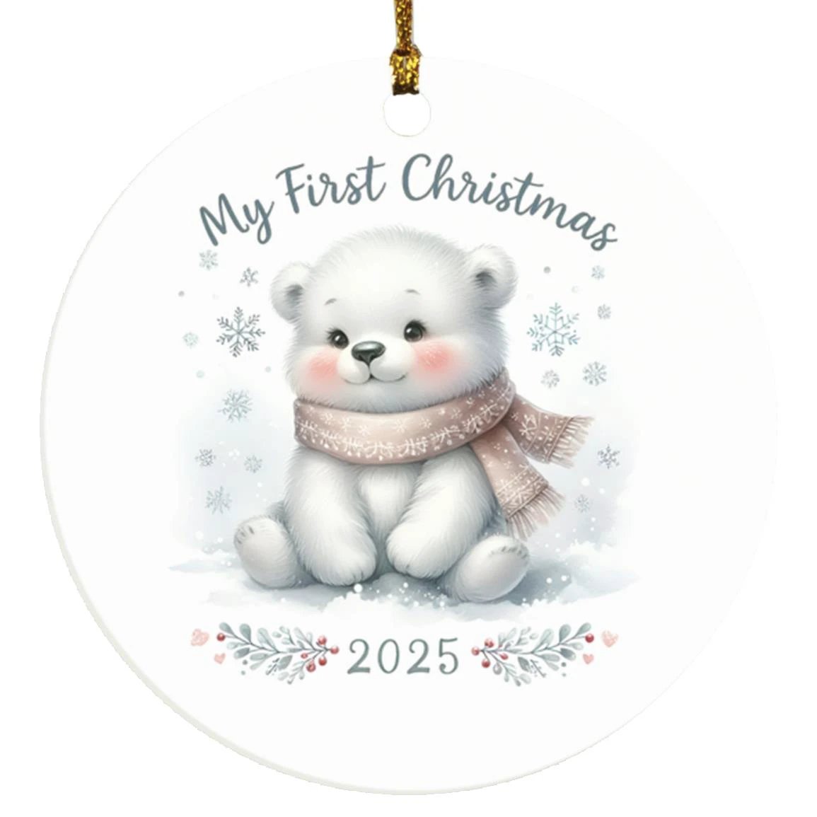 My First Christmas 2025 Bear Ornament – Baby’s First Christmas Keepsake, Cute Newborn Gift, Durable MDF Ornament with Gold Cord