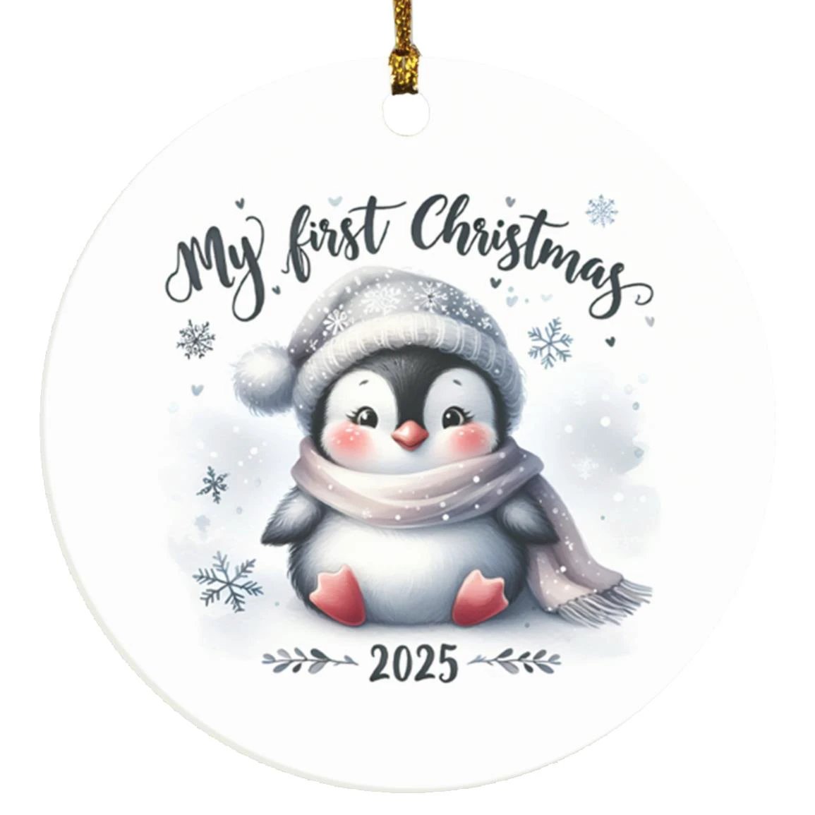 My First Christmas 2025 Penguin Ornament – Baby’s First Christmas Keepsake, Cute Newborn Gift, Durable MDF Ornament with Gold Cord