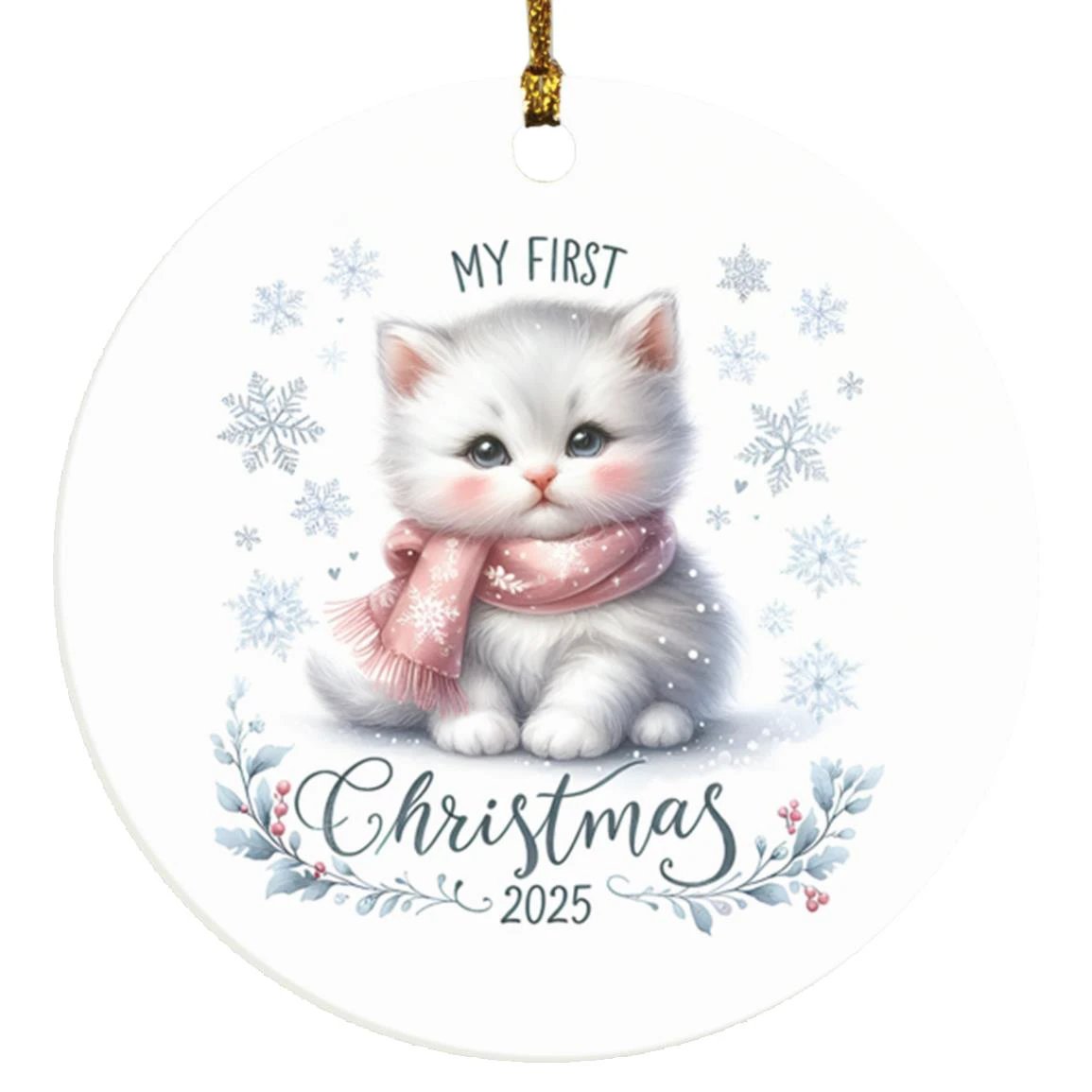 My First Christmas 2025 White Kitten Ornament – Baby’s First Christmas Keepsake, Cute Newborn Gift, Durable MDF Ornament with Gold Cord