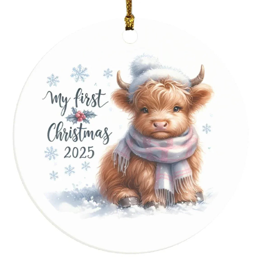 My First Christmas 2025 Highland Calf Ornament – Baby’s First Christmas Keepsake, Cute Newborn Gift, Durable MDF Ornament with Gold Cord