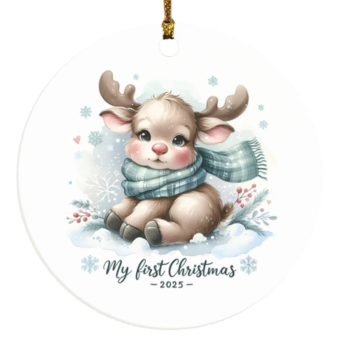 My First Christmas 2025 Moose Ornament – Baby’s First Christmas Keepsake, Cute Newborn Gift, Durable MDF Ornament with Gold Cord