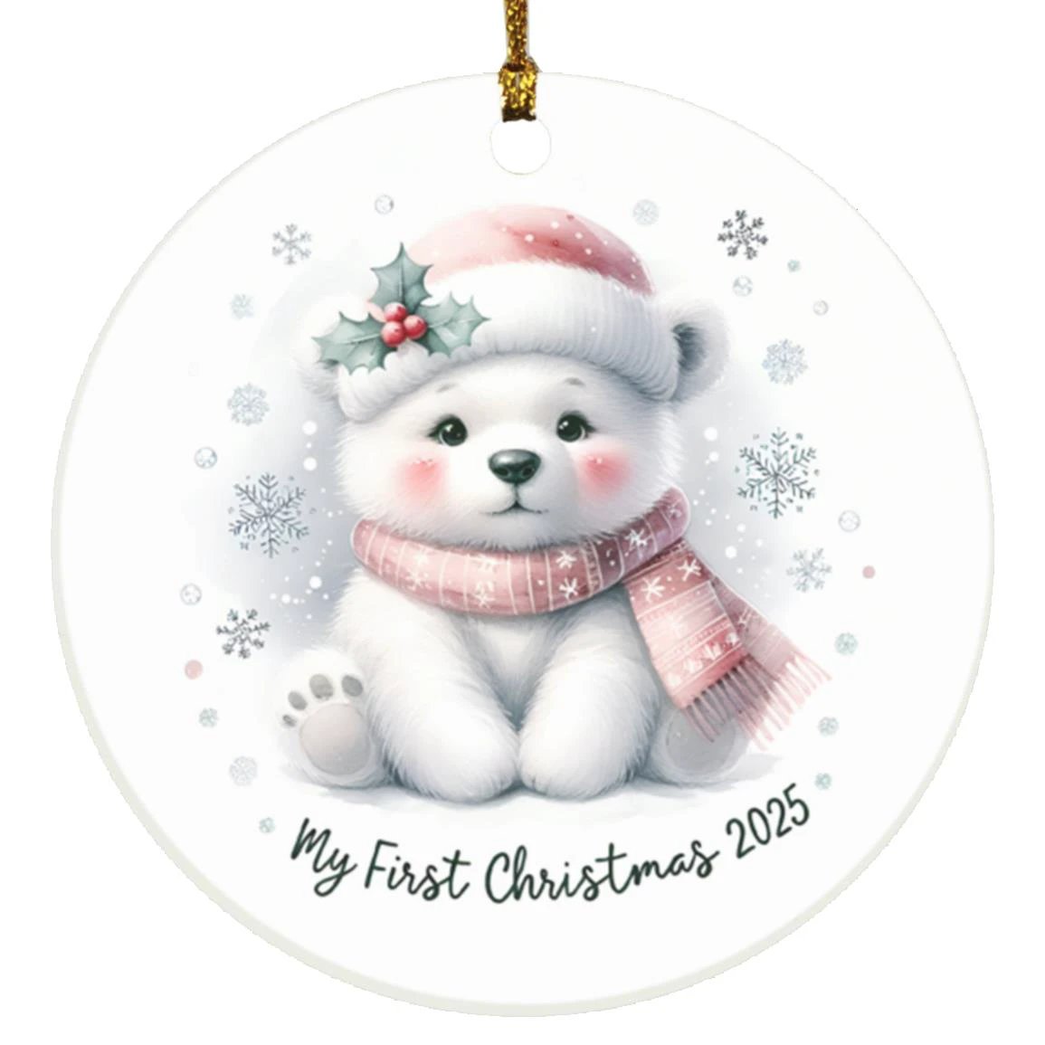 My First Christmas 2025 Polar Bear Ornament – Baby’s First Christmas Keepsake, Cute Newborn Gift, Durable MDF Ornament with Gold Cord