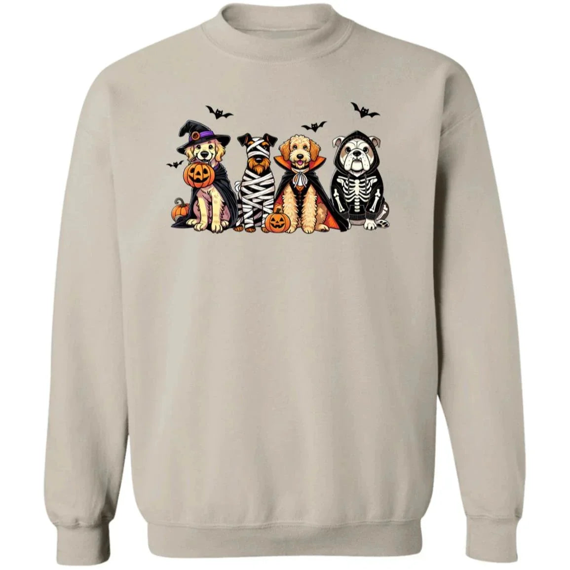 Halloween Dogs Sweatshirt – Cute Fall Pullover with Witch, Mummy, Vampire & Skeleton Dogs | Cozy Unisex Crewneck
