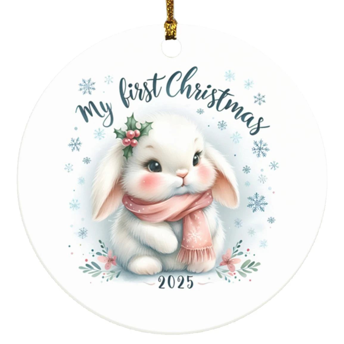 My First Christmas 2025 Bunny Ornament – Baby’s First Christmas Keepsake, Cute Newborn Gift, Durable MDF Ornament with Gold Cord