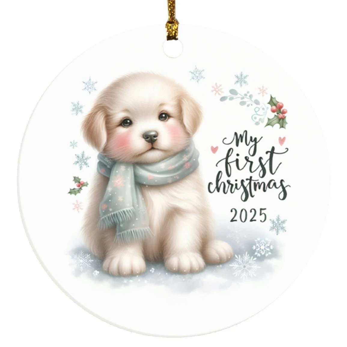 My First Christmas 2025 Puppy Ornament – Baby’s First Christmas Keepsake, Cute Newborn Gift, Durable MDF Ornament with Gold Cord
