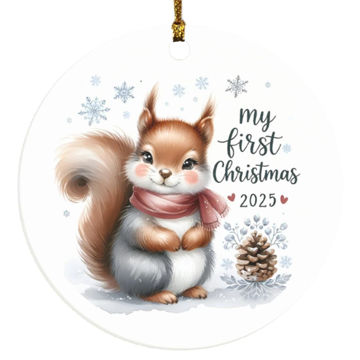 My First Christmas 2025 Squirrel Ornament – Baby’s First Christmas Keepsake, Cute Newborn Gift, Durable MDF Ornament with Gold Cord