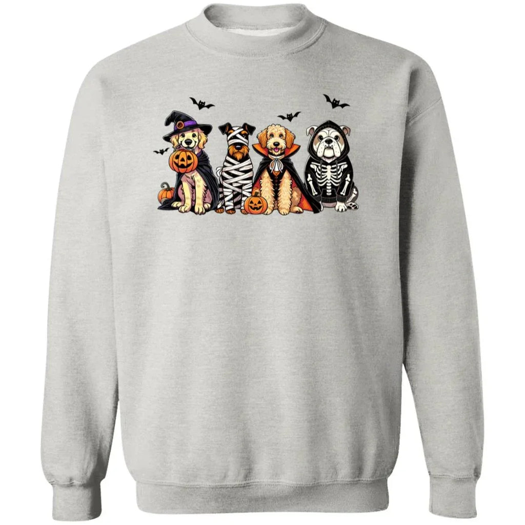 Halloween Dogs Sweatshirt – Cute Fall Pullover with Witch, Mummy, Vampire & Skeleton Dogs | Cozy Unisex Crewneck