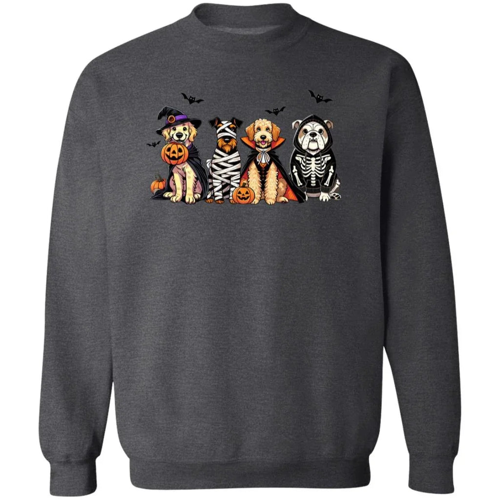 Halloween Dogs Sweatshirt – Cute Fall Pullover with Witch, Mummy, Vampire & Skeleton Dogs | Cozy Unisex Crewneck