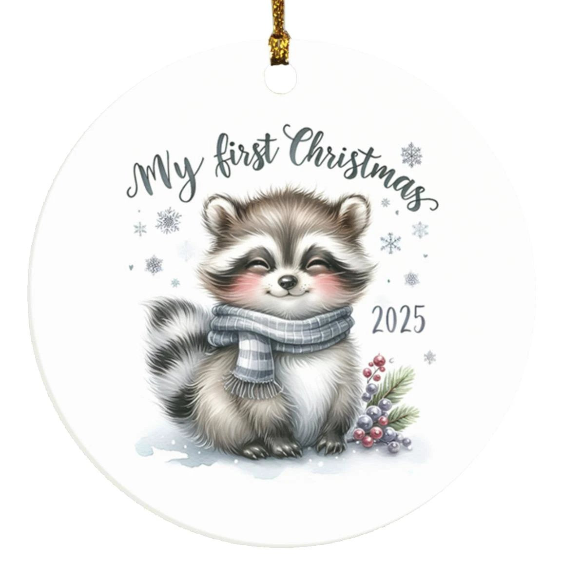 My First Christmas 2025 Raccoon Ornament – Baby’s First Christmas Keepsake, Cute Newborn Gift, Durable MDF Ornament with Gold Cord