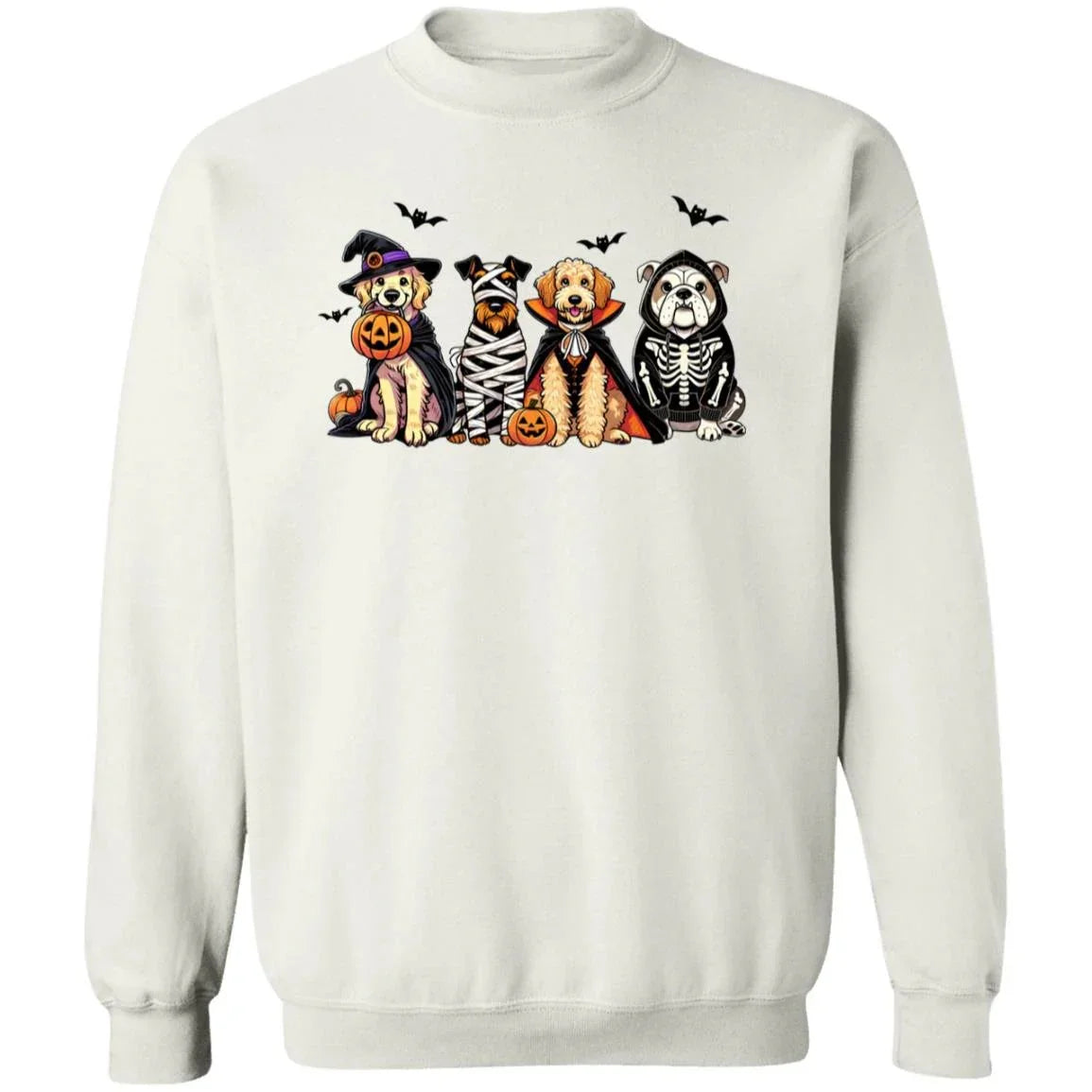 Halloween Dogs Sweatshirt – Cute Fall Pullover with Witch, Mummy, Vampire & Skeleton Dogs | Cozy Unisex Crewneck