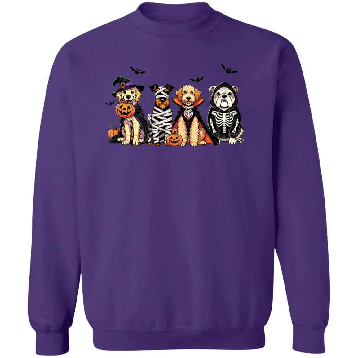Halloween Dogs Sweatshirt – Cute Fall Pullover with Witch, Mummy, Vampire & Skeleton Dogs | Cozy Unisex Crewneck