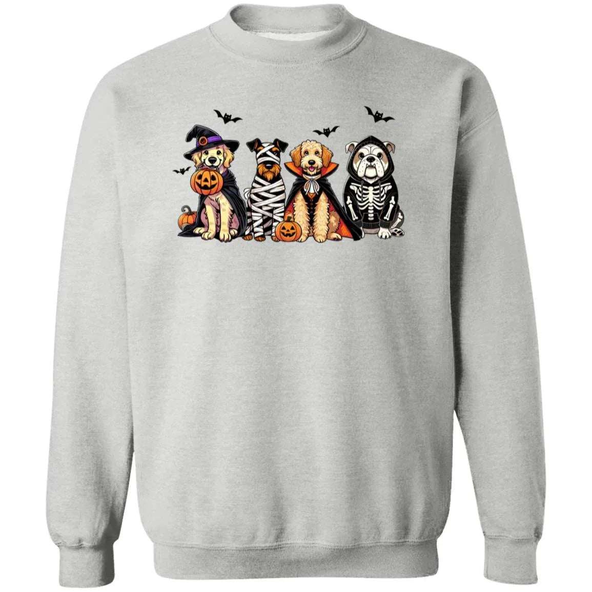 Halloween Dogs Sweatshirt – Cute Fall Pullover with Witch, Mummy, Vampire & Skeleton Dogs | Cozy Unisex Crewneck