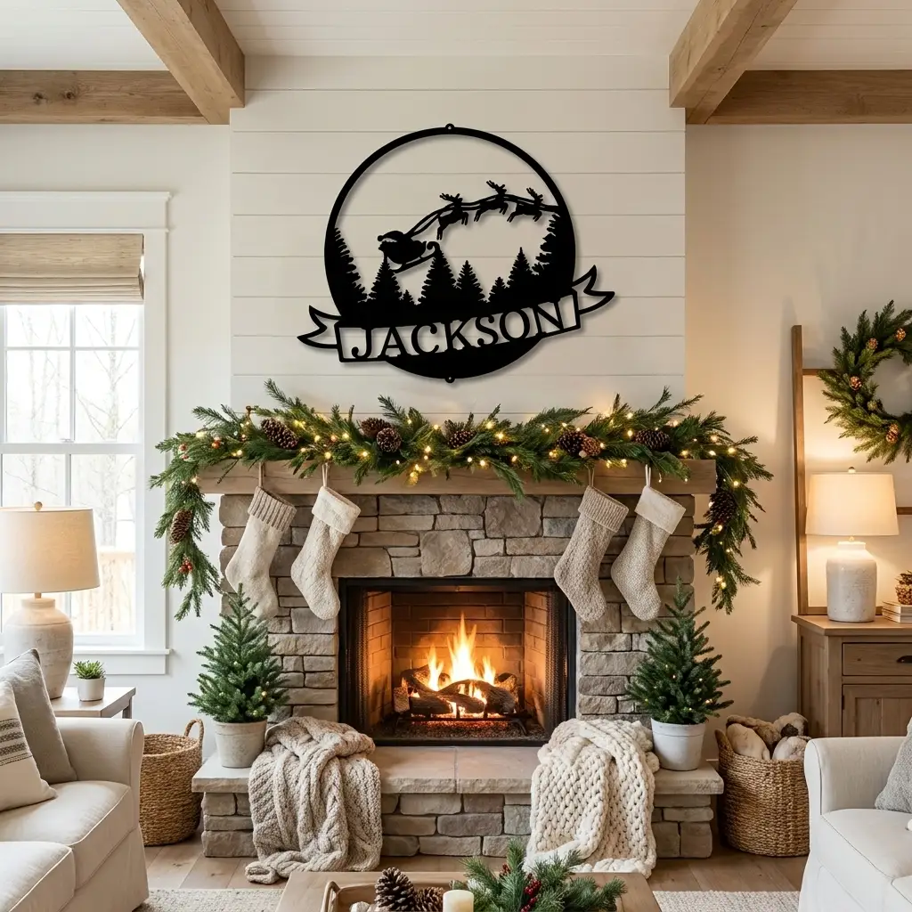 Santa Sleigh & Reindeer Personalized Metal Wall Art | Custom Family Name Christmas Sign | Holiday Metal Wall Decor | Farmhouse Christmas Decoration | Made in USA