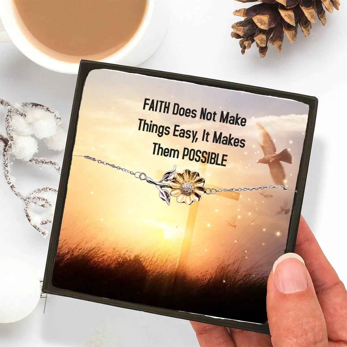 Faith-Inspired Sunflower Bracelet – Sterling Silver with 18K Gold-Plated Petals – Christian Jewelry Gift for Women & Teens – Encouraging Religious Quote