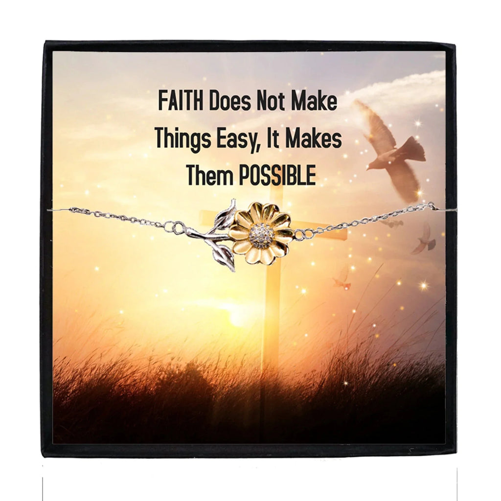 Faith-Inspired Sunflower Bracelet – Sterling Silver with 18K Gold-Plated Petals – Christian Jewelry Gift for Women & Teens – Encouraging Religious Quote